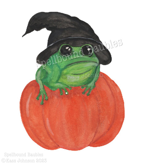 Pumpkin Witch Frog Watercolor Print