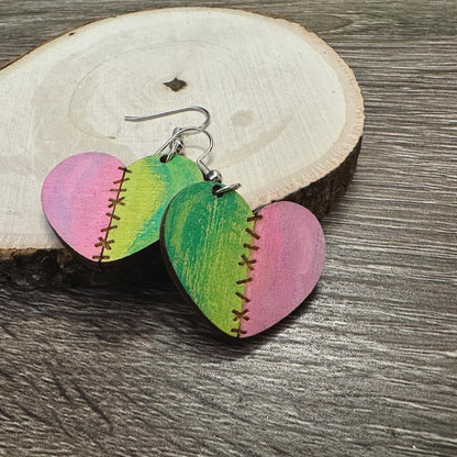 Zombie Stitched Heart Earrings | Splatter Hearts | Anti-Valentine | Broken Hearts | Horror Hearts